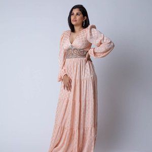 Maxi Peach Dress with Long Balloon-sleeves and with sequin cinched waist.